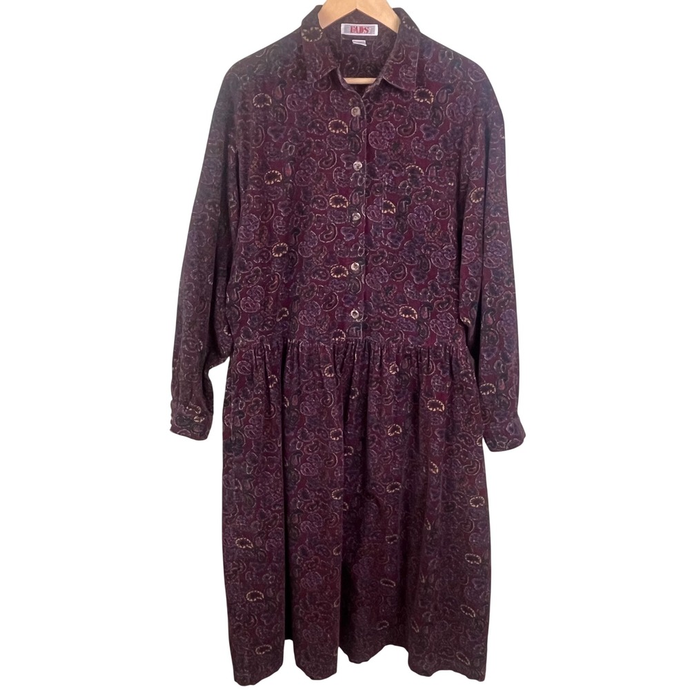 VTG 90's Fads Plum Paisley Print Corduroy Prairie Cottage Button Dress Size XL